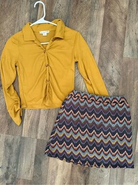 Knitworks Mustard Button-Front Ribbed Top & Multi Zigzag Knit Skirt Set